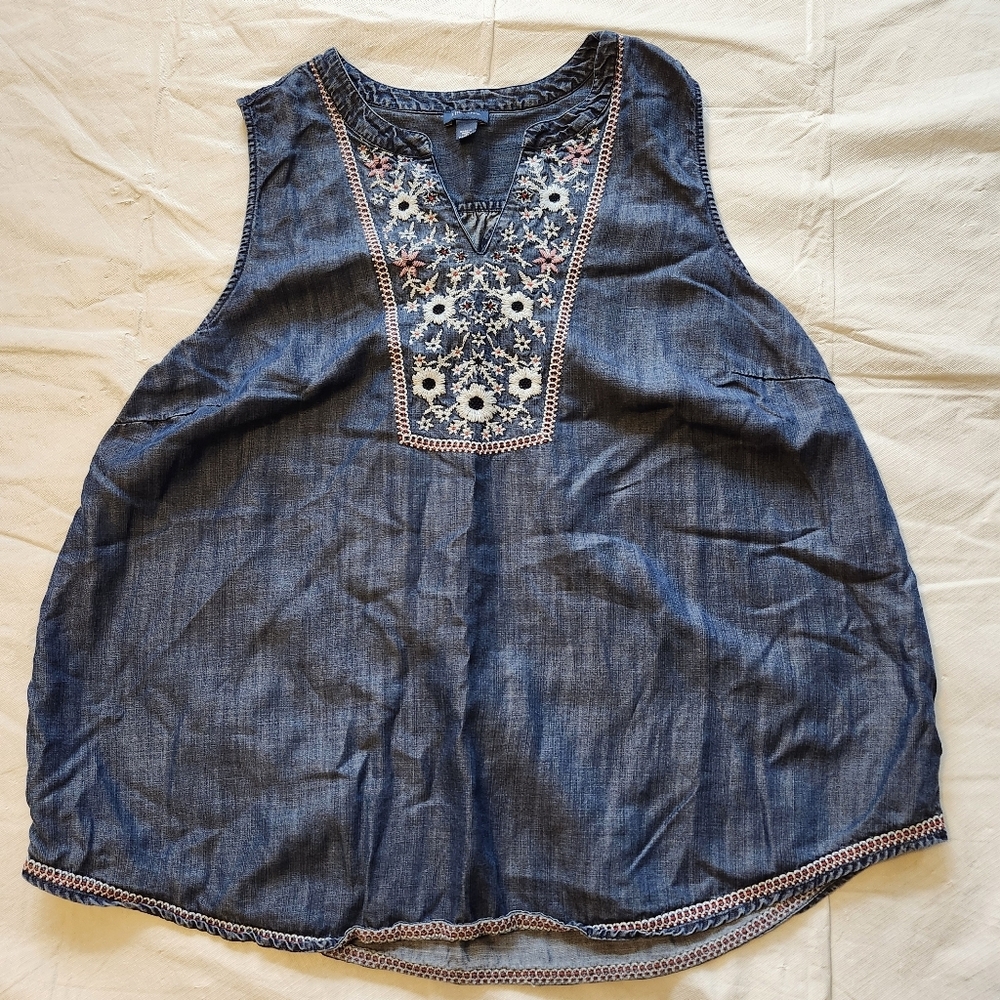 J. Jill Size 1X Embroidered Denim Sleeveless Top - Picture 3 of 7